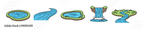 Natural water bodies collection featuring various cartoon illustrations of ponds, rivers, and a majestic waterfall, perfect for educational or nature-themed designs.