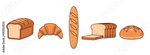 Various types of bread and baked goods collection showcasing a delicious assortment of fresh bakery items in a charming cartoon style.