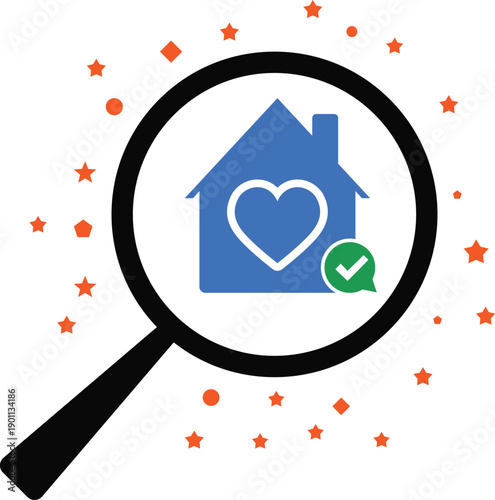 Magnifying Glass Over Blue Home With Heart Symbol and Checkmark Symbolizing Security and Trust