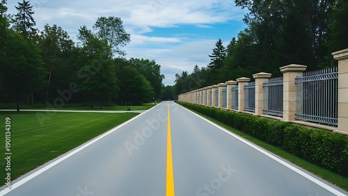 Luxury asphalt driveway path through green park lawn with trees and ornate metal fence under clouds