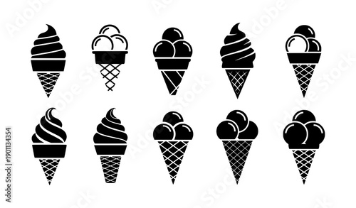 Abstract Black and White Ice Cream Cone Icons with Geometric Minimal Style