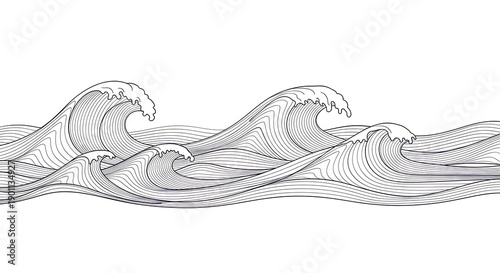 Stylized Line Art Waves Seamless Pattern.
