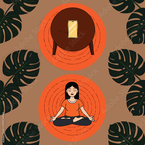 Serene woman finds inner peace through meditation, leaving her smartphone aside on a table, embracing mindfulness and digital well-being.