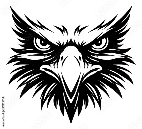 Intense Bald Eagle Face Vector Illustration - Powerful Bird of Prey Front View Silhouette - Majestic Raptor Graphic for Sports Mascots and Patriotic Designs