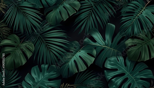 Seamless green leaf pattern on a black background for decorative wallpaper and fabric design