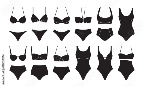 Woman swimwear silhouettes collection of black vector icons including bikini sets and one piece bathing suits
