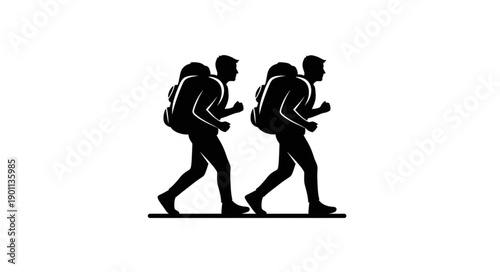Two hikers with backpacks walking together on a white background.