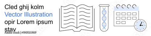 Science, education, research, time management, academic planning, and knowledge sharing. An open book, DNA strand in a test tube calendar and clock. Science and education