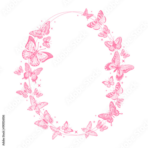 Cartoon butterfly frame. Flying butterfly silhouette oval decor flat vector background illustration. Cute pink butterfly border on white