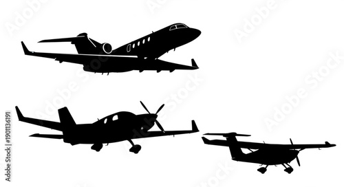 Silhouette of three different types of airplanes in flight.
