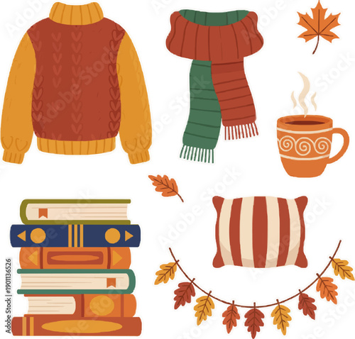 Autumn winter sweaters collection knitwear fashion clothing warm cozy watercolor seasonal illustration fall wardrobe garments design elements