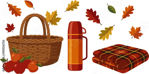 Autumn picnic collection basket thermos wine bottles drinks watercolor outdoor fall activities seasonal illustration nature leisure design
