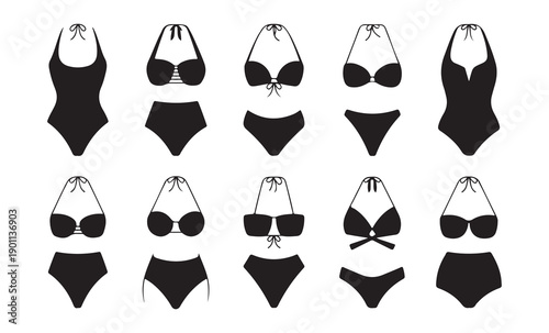 Black bikini and swimsuit icons on white background collection for swimwear fashion elements