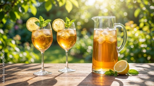 Two glasses of iced tea with lemon and mint, and a pitcher of iced tea on a wooden table outdoors with sun flare