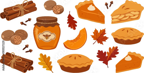 Autumn thanksgiving dessert collection pumpkin pie cakes cookies watercolor sweet treats seasonal baking illustration fall harvest food design
