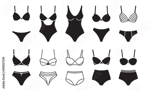 Minimalist bikini and bodysuit silhouette icons set featuring assorted beachwear styles and cutouts graphics