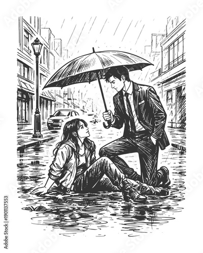 Romantic Couple Scene with a Man Holding Umbrella for a Woman Sitting on a Rainy City Street Black and White Vector Illustration