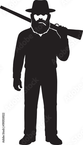  A bearded man stand with shotgun and doing smoking in black and white silhouette with transparent background 