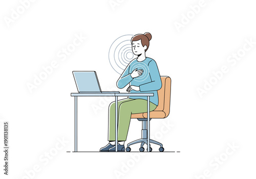 Woman suffering from heart pain while working on laptop computer at desk feeling distress health concern concept