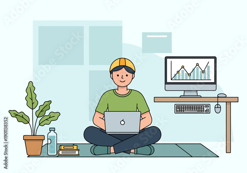Young Person Working Remotely With Laptop Computer And Desktop Setup In Casual Home Office Environment Relaxed Posture
