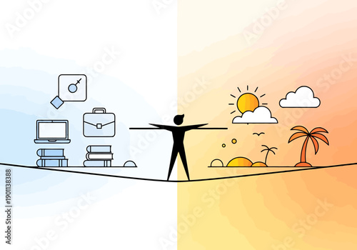 Human figure balancing on tightrope between office work life and relaxing vacation leisure activities depicting work life balance concept