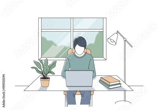 Person working remotely on a laptop at a desk with a plant and books in a bright room with a window view of trees