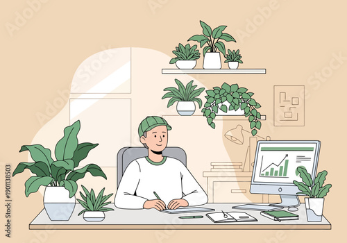 Young person sitting at desk working surrounded by houseplants in an urban home office setting with computer displaying growth chart