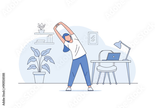 Young Woman Stretching Body Side Toward Desk With Laptop In Home Office During Day Time Healthy Lifestyle Concept