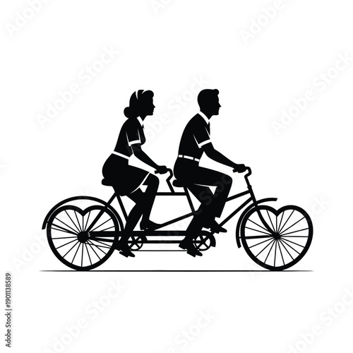 Romantic silhouette of a couple riding a tandem bicycle with heart-shaped wheels, symbolizing togetherness, partnership, and a shared journey through life together