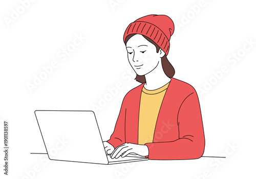 Young person wearing a hat works intently on a laptop computer in a simple line art style with clean background in red and yellow tones