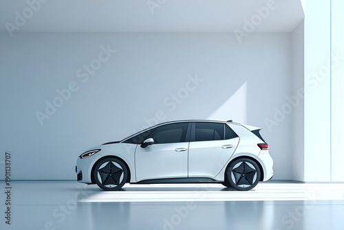 Modern white electric hatchback car in clean studio showroom, minimal automotive design concept.