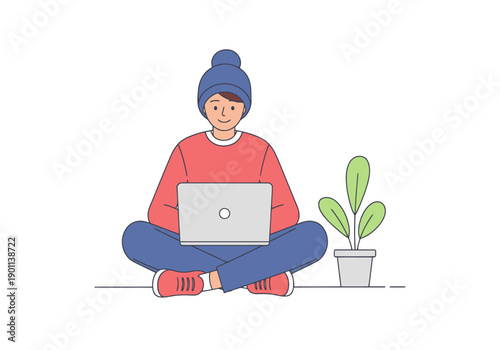 Young man wearing a beanie and casual clothes sits on floor with laptop working remotely next to potted plant on white background development concept