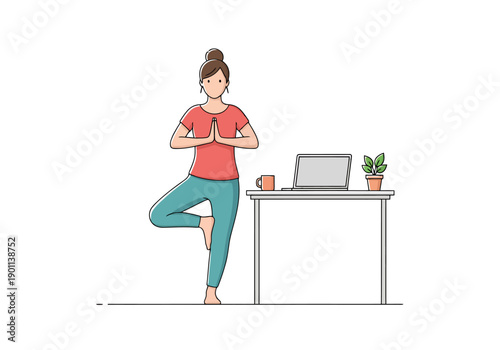 Woman practicing yoga tree pose at desk with laptop and plant for wellness at home office or remote work balance concept