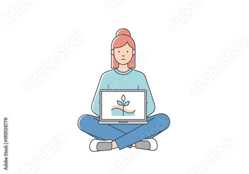 Person Sitting Cross Legged Using Laptop Computer Displaying Growing Plant Symbol Digital Technology Concept
