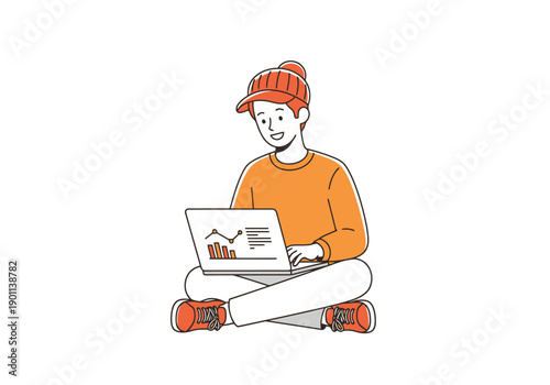 Young person sitting cross legged with laptop displaying financial charts and graphs demonstrating business growth and analysis for digital learning
