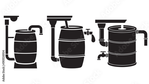 Rainwater Harvesting Barrel Connected To Gutter Downspout With Overflow Detail — Sustainable Water Capture And Storage Icon