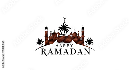 A vector graphic illustration of a mosque with palm trees and the words 'Happy Ramadan' in a decorative design Ramadan