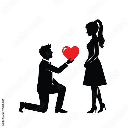 Romantic silhouette of a man proposing to a woman with a heart on a white background, symbolizing love and commitment