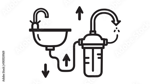 Greywater Recycling System Icon With Sink, Filter Canister And Flow Arrows — Symbol For Domestic Water Reuse And Circular Water Management