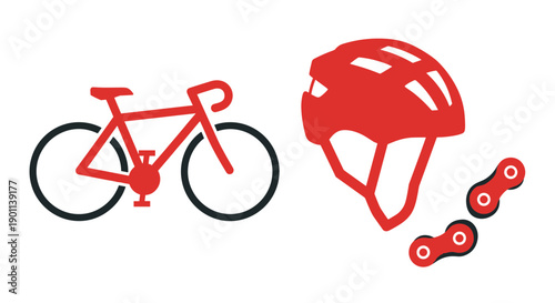 Red bicycle helmet and chain icons with bike on white background