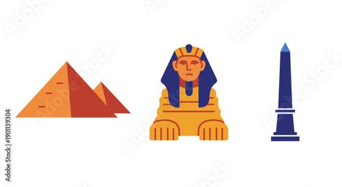 Egyptian ancient symbols with pyramid sphinx and obelisk on white background