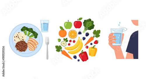 Healthy eating and drinking habits with balanced meal and fresh fruits