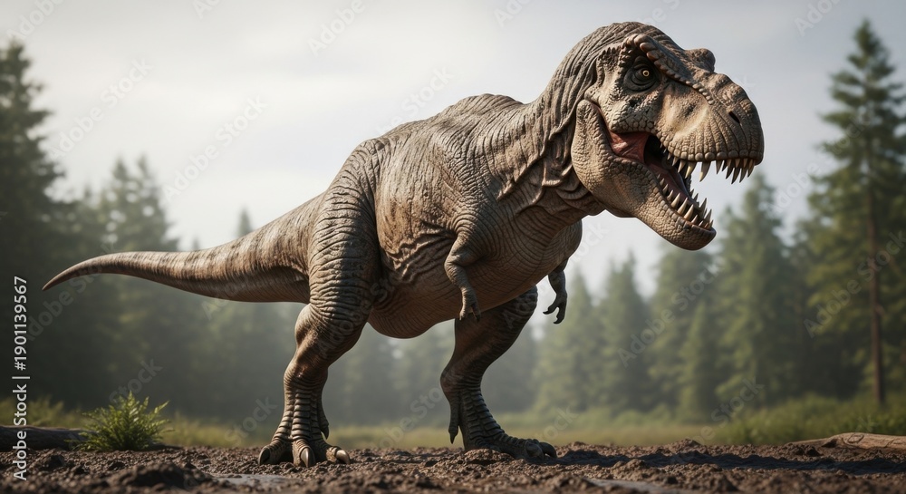 Fototapeta premium Majestic Tyrannosaurus Rex dinosaur standing on muddy prehistoric terrain with a forest background in daylight
