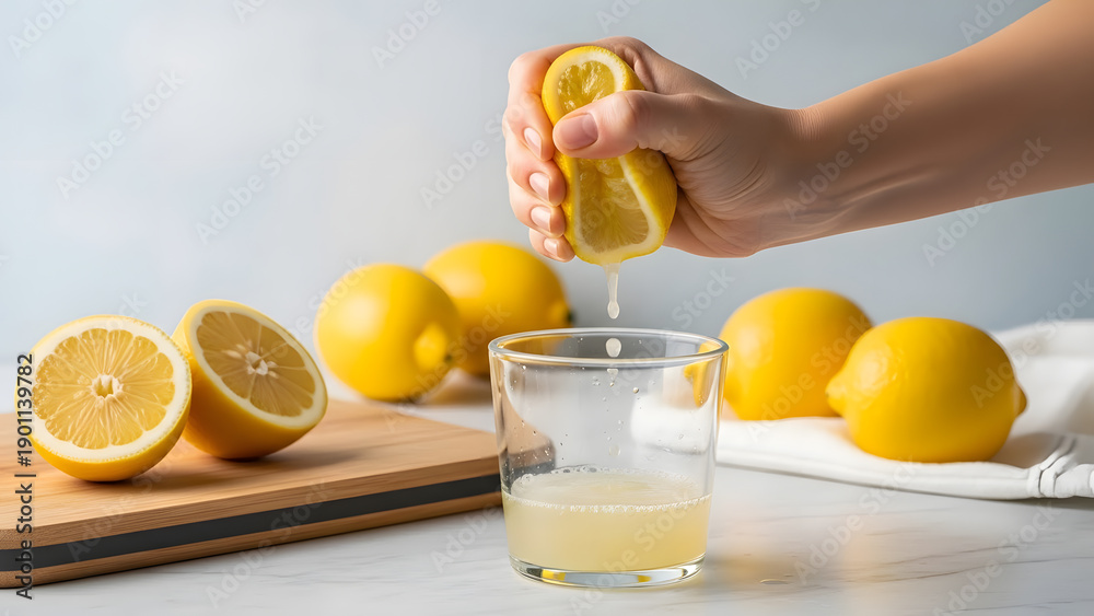 Naklejka premium Squeezing fresh lemon juice by hand into clear glass | Making homemade lemonade base | Healthy cooking ingredient preparation | Extracting vitamin C from citrus fruit