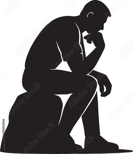 A man sit on rock and think deeper in black and white silhouette with transparent background 