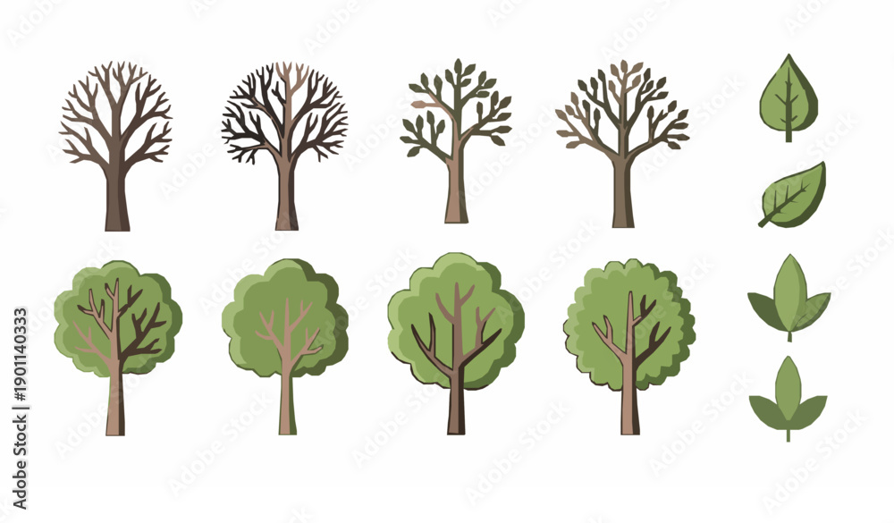 Fototapeta premium Flat Hand Drawn Tree and Leaf Vector Elements for Botanical and Nature Design