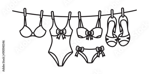 Swimsuits and beach shoes hanging on a clothesline with clothespins black and white outline vector