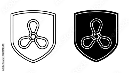 Two boat propeller shield icons illustrating marine engine protection and industrial fan safety, presented in black and white outline and solid vector styles for nautical security concepts