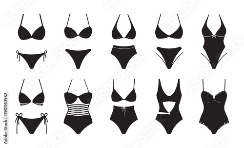 Set of black swimsuits isolated on a white background swimwear fashion design collection vector illustration