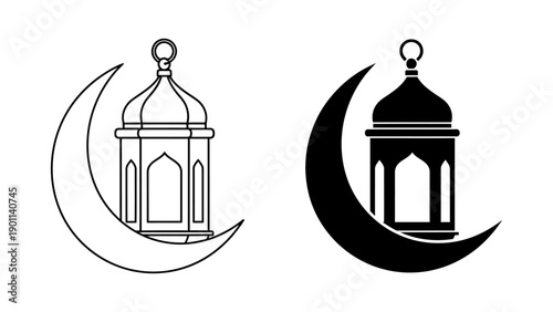 Minimalist Ramadan lantern and crescent moon icons in outline and silhouette styles, ideal for Islamic holiday greetings, Eid al-Fitr celebrations, and religious graphic design projects.